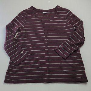 J Jill Womens 1X Burgundy Striped Sweatshirt V Neck Pullover 2 Pockets Casual